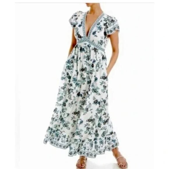 Max Studio Empire Waist Flutter Sleeve Maxi Dress In Ecru Floral - Picture 1 of 8